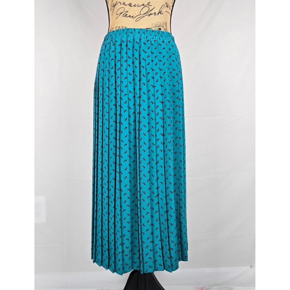 Vintage 80s Andrea Gayle Teal Paisley Pleated Skirt Set Blouse 2pc Suit Size 12 - Picture 3 of 16